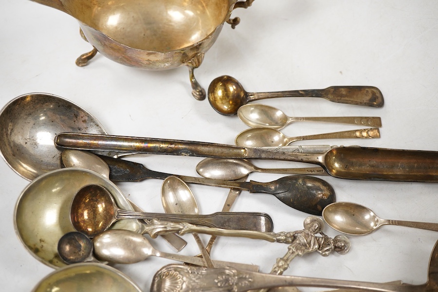 Sundry silver, consisting of - a pair of George V sauce boats, S. Blanckensee & Sons Ltd, Birmingham, 1936, a George III marrow scoop, Peter & Ann Bateman, London, 1793, a Victorian Scottish Kings pattern sauce ladle, te